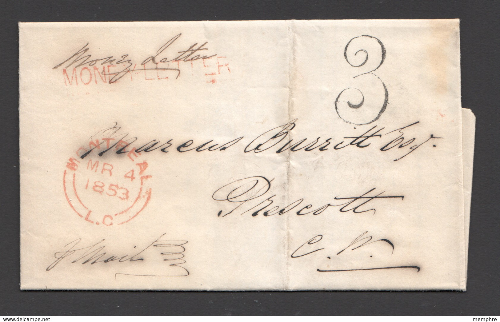 1853  Montreal - Money Letter To Prescott CW  Faint Prescott UC Recever On Back - ...-1851 Préphilatélie