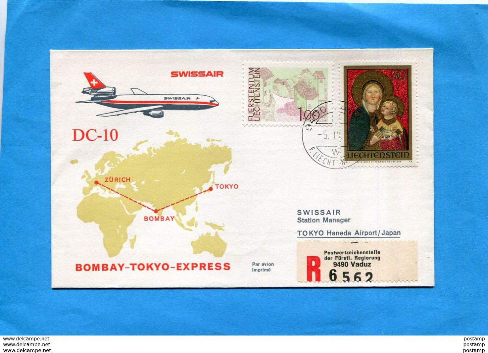 MARCOPHILIE-  Registered  Letter" "LIECHTENSTEIN Vol,"SWISSAIR DC 10 -Bombay Tokyo 1974express B - Machines à Affranchir (EMA)