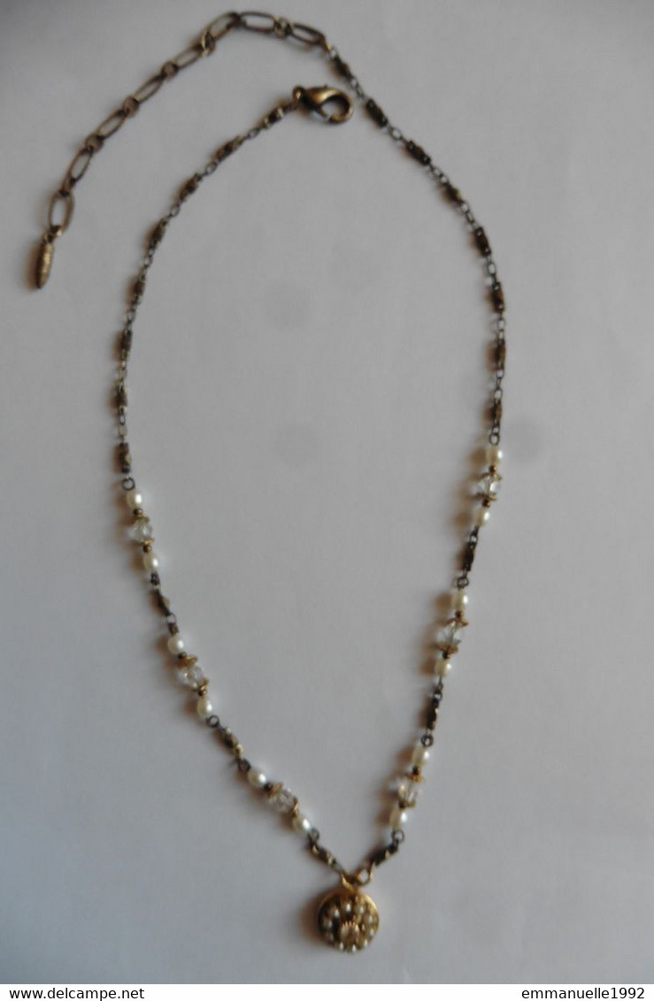 Collier Créateur Michal Golan Chaîne Bronze Perles D'eau Douce Blanc Et Cristaux Transparents - Colliers/Chaînes