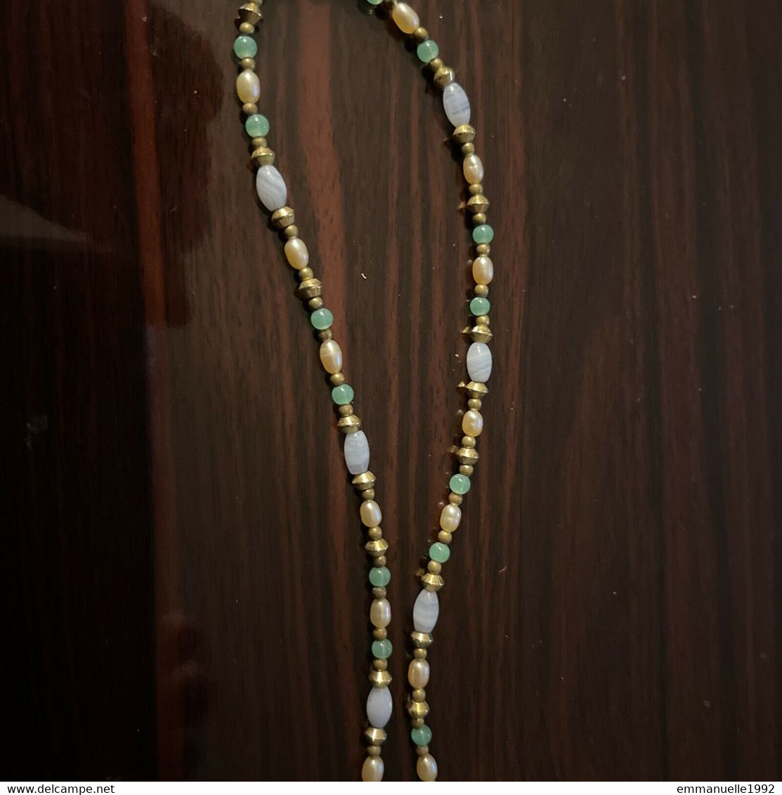 Collier créateur Michal Golan doré perles d'eau douce amazonite verte et verre