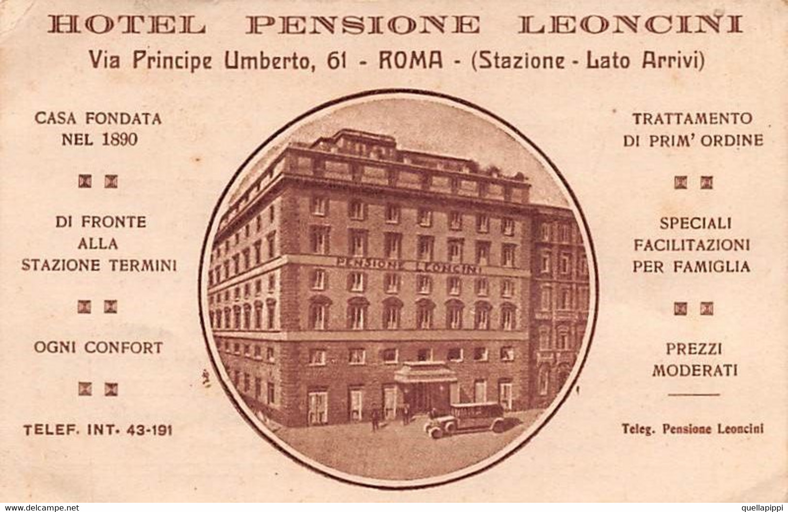 013954 "ROMA - STAZIONE LATO ARRIVI - HOTEL PENSIONE LEONCINI-CASA FONDATA NEL 1890" VEDUTA, II QUARTO XX SECOLO. PUBBL. - Pubblicitari