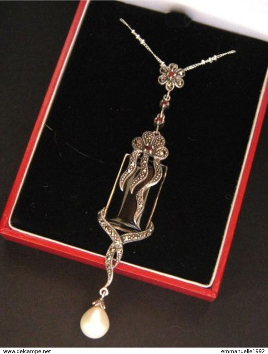 Neuf - Superbe Pendentif Style Art Nouveau En Argent Onyx Rubis Perle D'eau Douce Et Marcassites - Hangers