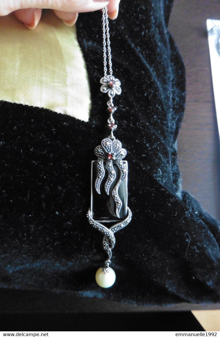 Pendentif Style Art Nouveau En Argent Onyx Rubis Perle D'eau Douce Et Marcassites - Sans Chaîne - Pendentifs