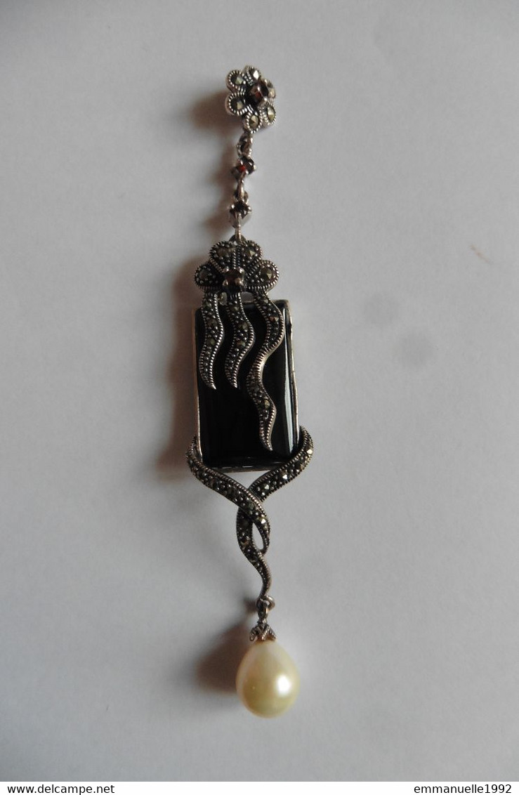 Neuf - Superbe pendentif style Art Nouveau en argent onyx rubis perle d'eau douce et marcassites