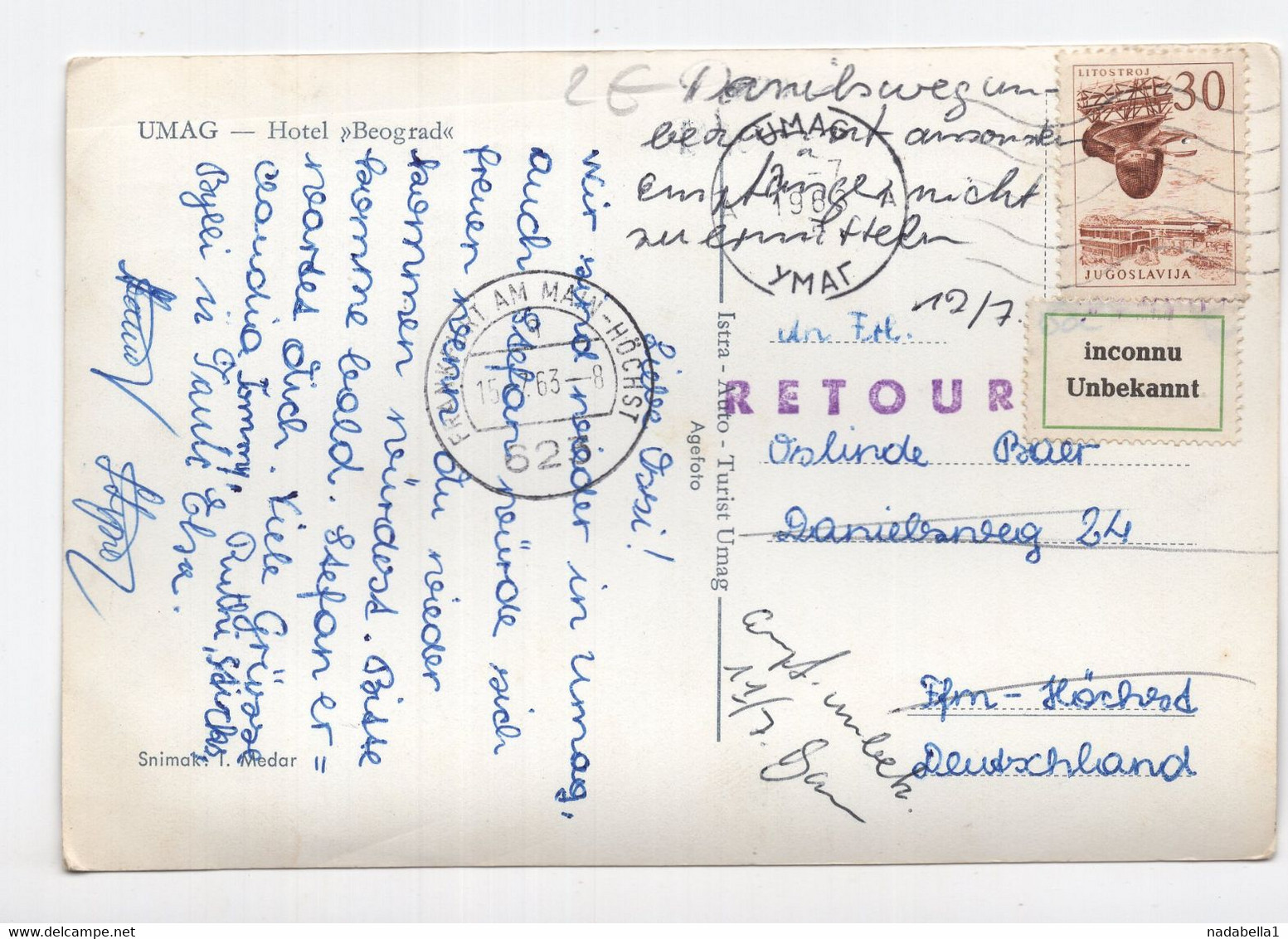 1963. YUGOSLAVIA,SLOVENIA,UMAG TO GERMANY,RETURNED,LABEL INCONNU,UNBEKANNT,HOTEL BEOGRAD ILLUSTRATED POSTCARD,USED - Yugoslavia