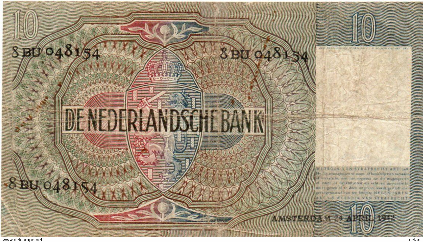 Kingdom Of Netherlands 10 Gulden 1942 P-56  Paulus Moreelse - 10 Gulden