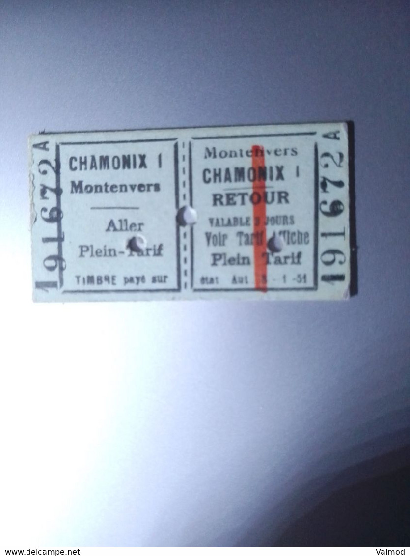 Ticket Aller Retour Chamonix 1 - Montenvers Du 17 Août 1958 Photographié Recto-verso - 3 Cm X 5,7 Cm Environ. - Europe
