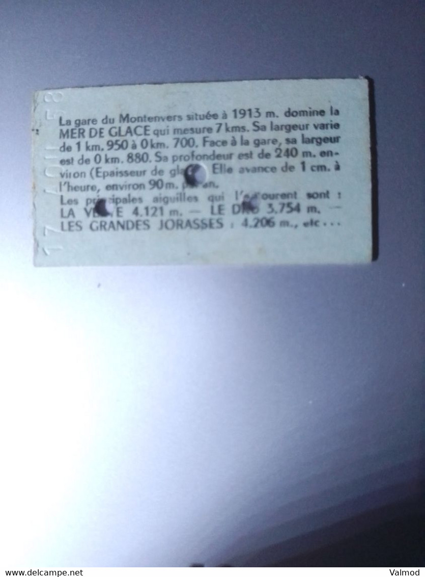 Ticket Aller Retour Chamonix 1 - Montenvers Du 17 Août 1958 Photographié Recto-verso - 3 Cm X 5,7 Cm Environ. - Europe