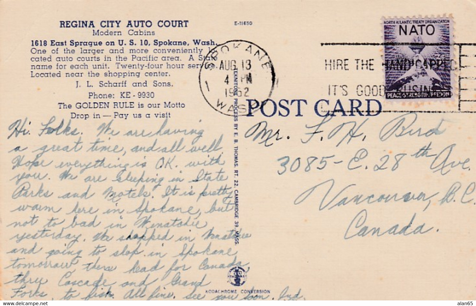 Spokane Washington, Regina City Auto Court Motel Lodging, C1950s Vintage Linen Postcard - Spokane