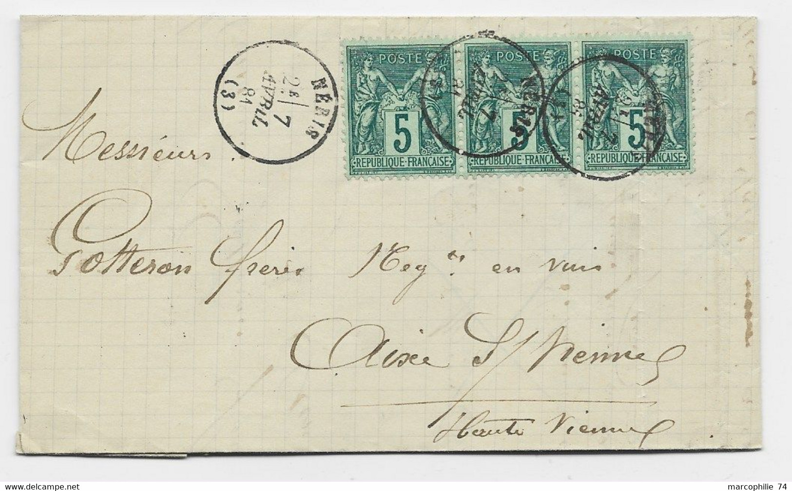 SAGE 5C N°75X 3 LETTRE TYPE 16 NERIS 7 AVRIL 1881 (3) ALLIER POUR HAUTE VIENNE - 1877-1920: Semi Modern Period