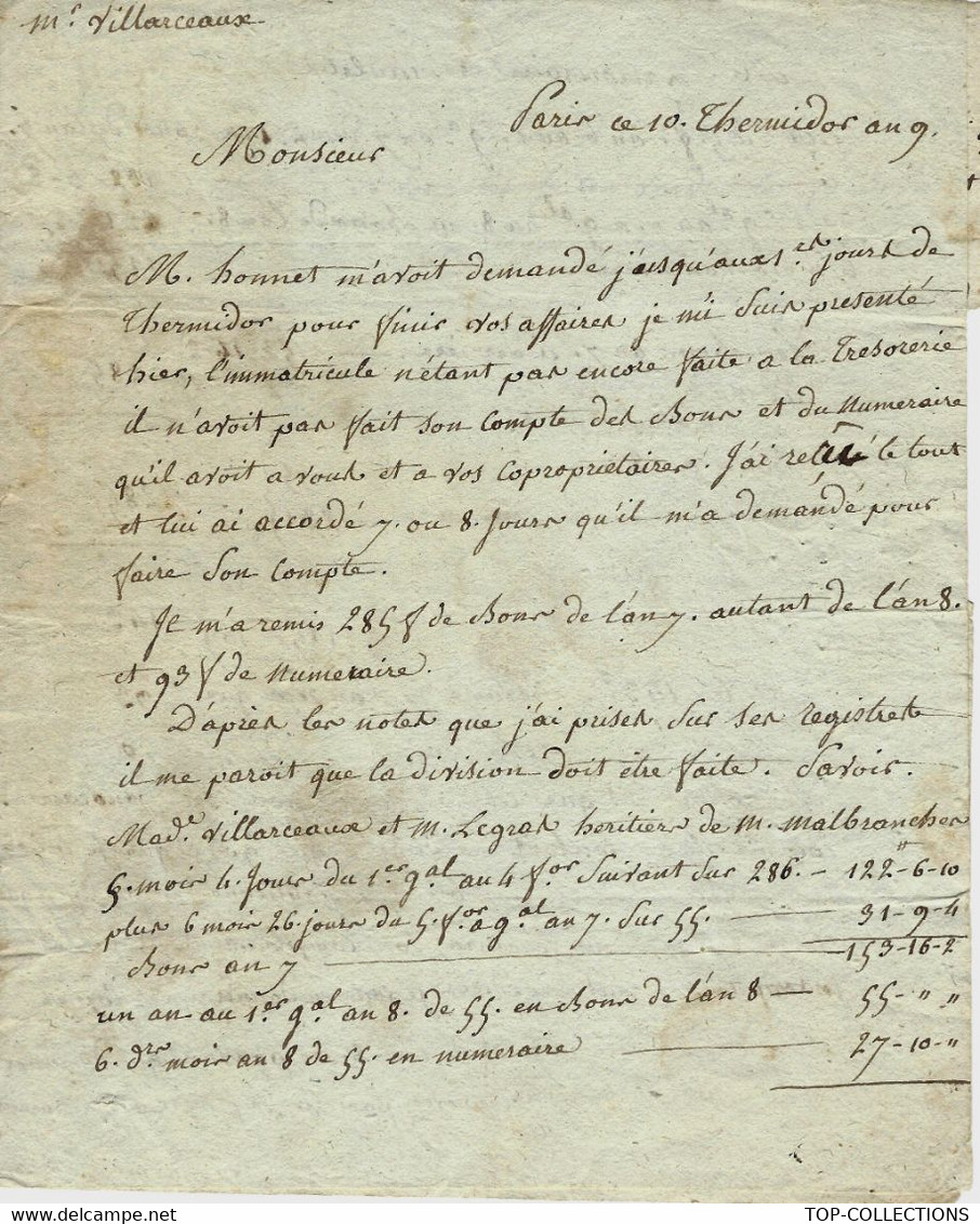 1801 REVOLUTION FINANCE LETTRE D’AFFAIRES GENEALOGIE NOBLESSE Paris =>Mr (Tocquiny De ) Villanceaux à Montfort L'Amaury - Historical Documents