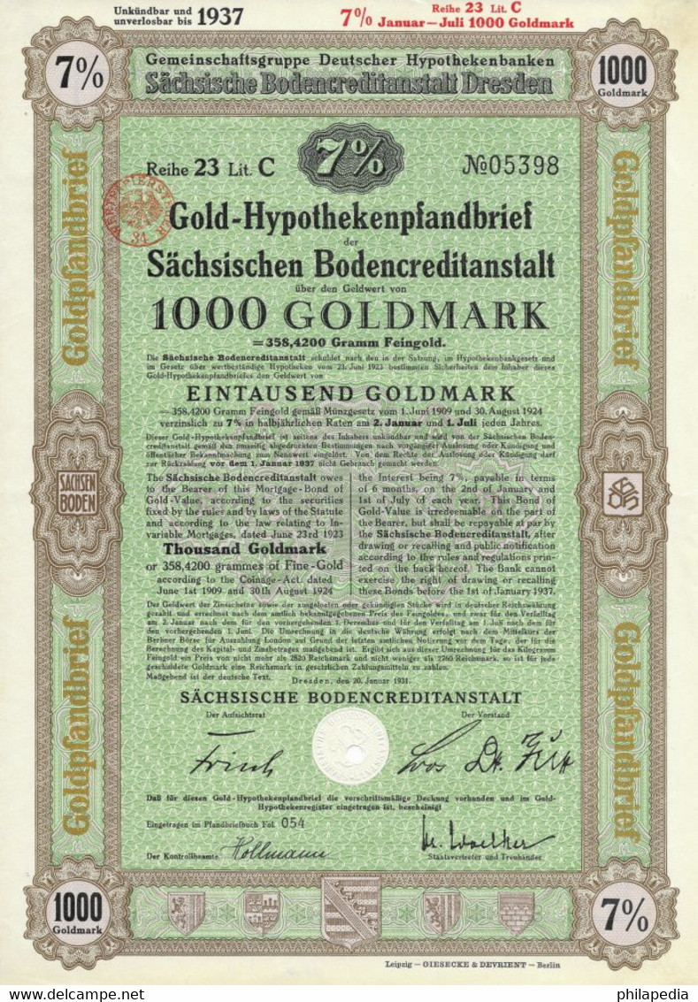 Allemagne Obligation Hypothécaire Or Fin 35.842 Gr 1000 Mark Or Bond Fine Gold Feingold Bono Oro Fino 1937 1000 Goldmark - 1000 Reichsmark