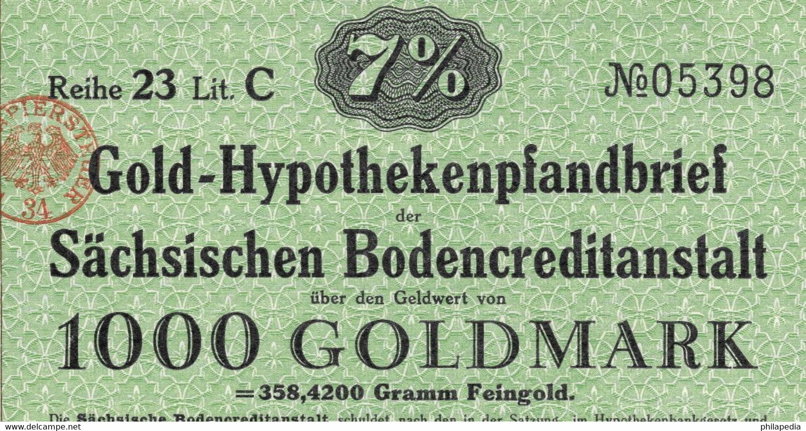 Allemagne Obligation Hypothécaire Or Fin 35.842 Gr 1000 Mark Or Bond Fine Gold Feingold Bono Oro Fino 1937 1000 Goldmark - 1000 Reichsmark