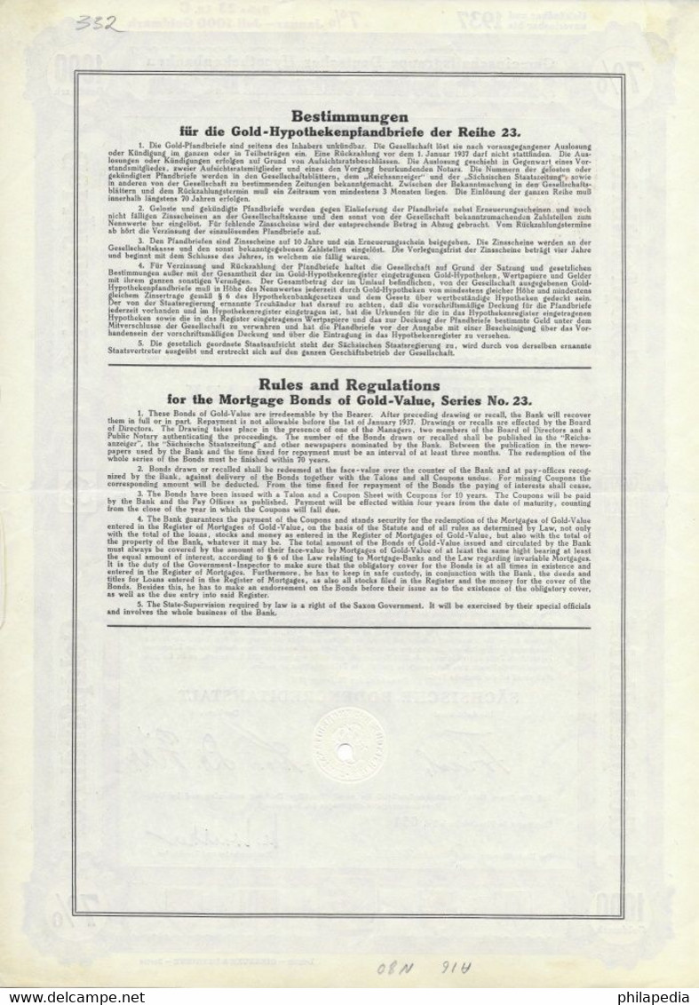 Allemagne Obligation Hypothécaire Or Fin 35.842 Gr 1000 Mark Or Bond Fine Gold Feingold Bono Oro Fino 1937 1000 Goldmark - 1.000 Reichsmark