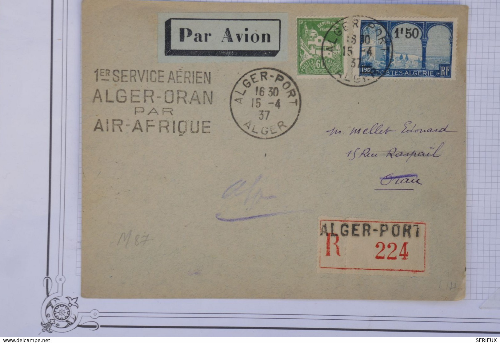 AU7  ALGERIE  BELLE LETTRE  1937 1ER VOL AIR AFRIQUE ALGER POUR ORAN+SURCHARGE+AFFRANCH. PLAISANT - Luftpost