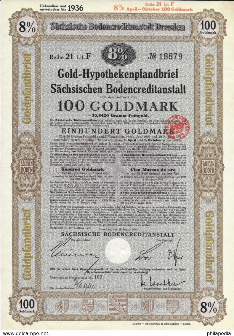 Allemagne Obligation Hypothécaire Or Fin 35.842 Gr 100 Mark Or Bond Fine Gold Feingold Bono Oro Fino 1936 100 Goldmark - 1.000 Reichsmark