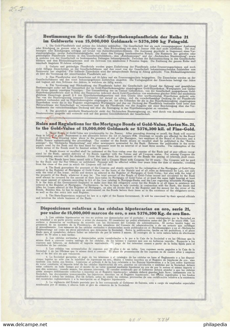 Allemagne Obligation Hypothécaire Or Fin 35.842 Gr 100 Mark Or Bond Fine Gold Feingold Bono Oro Fino 1936 100 Goldmark - 1.000 Reichsmark