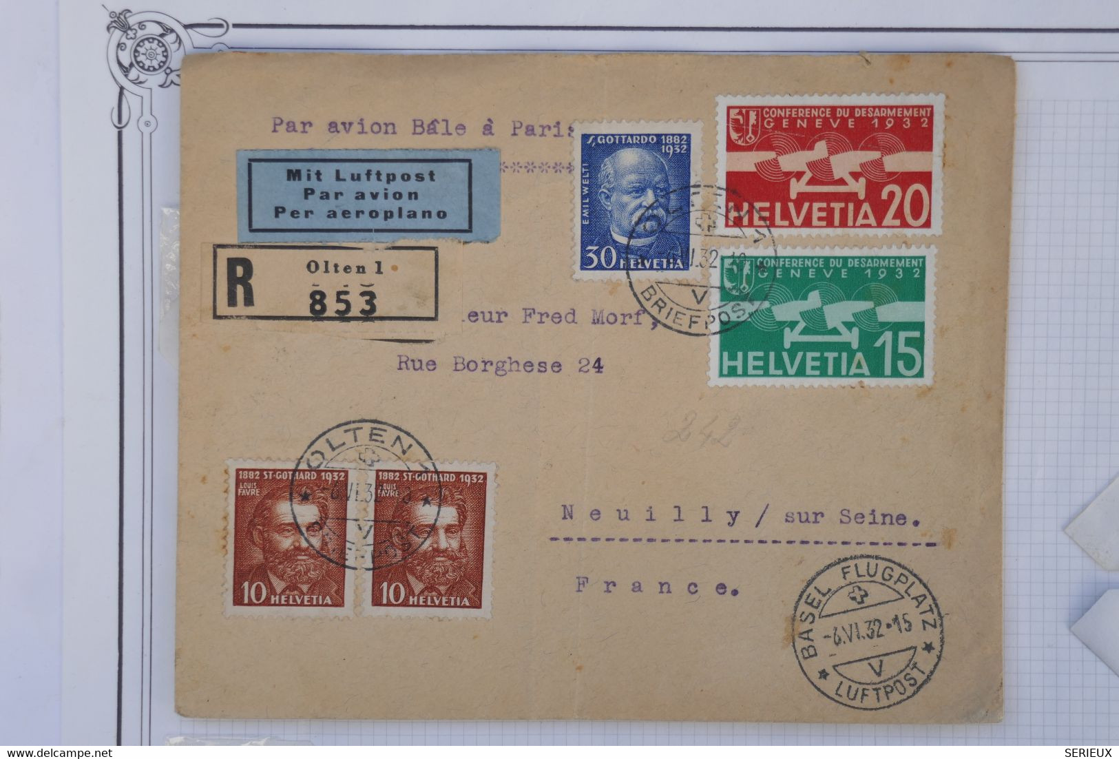 AU7 SUISSE  BELLE LETTRE RECOM.  1932  PAR AVION BASEL  A  NEUILLY  FRANCE +AEROPHILATELIE +AFFRANCH. PLAISANT - Otros & Sin Clasificación