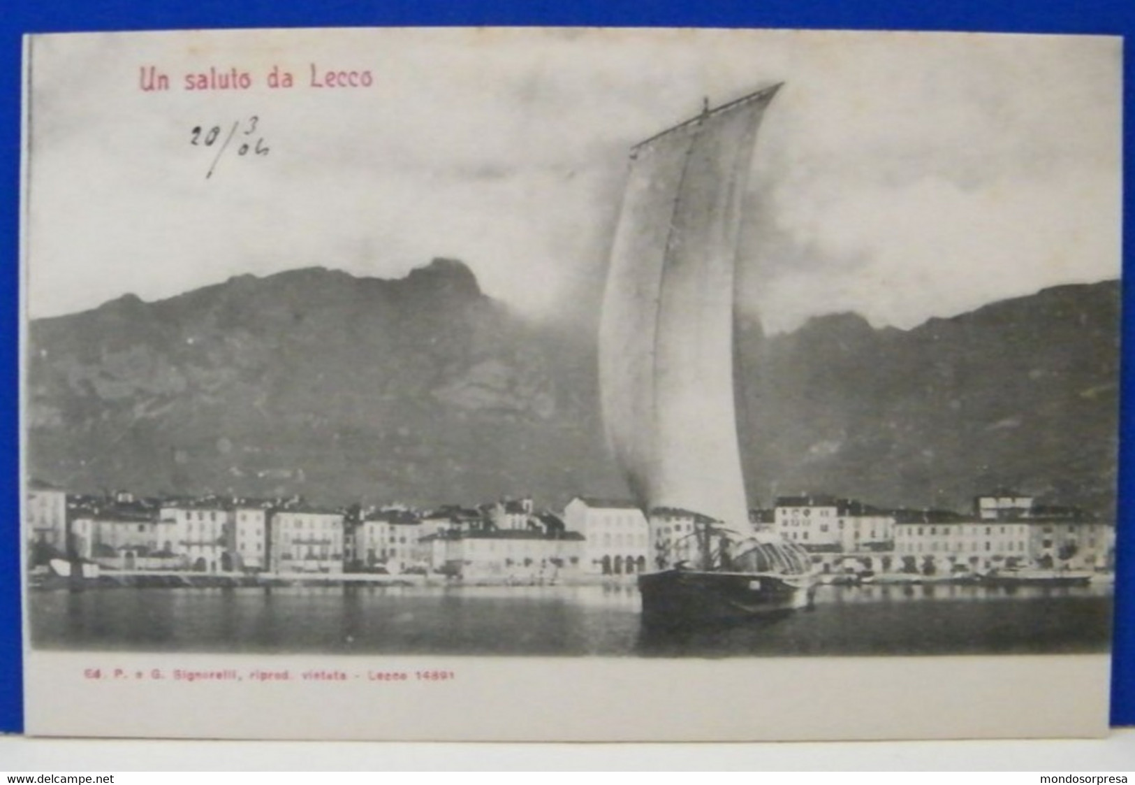 (L) LECCO - ANIMATA - PANORAMA DAL LAGO - UN SALUTO - BARCA A VELA - NON VIAGGIATA 1904 - Lecco