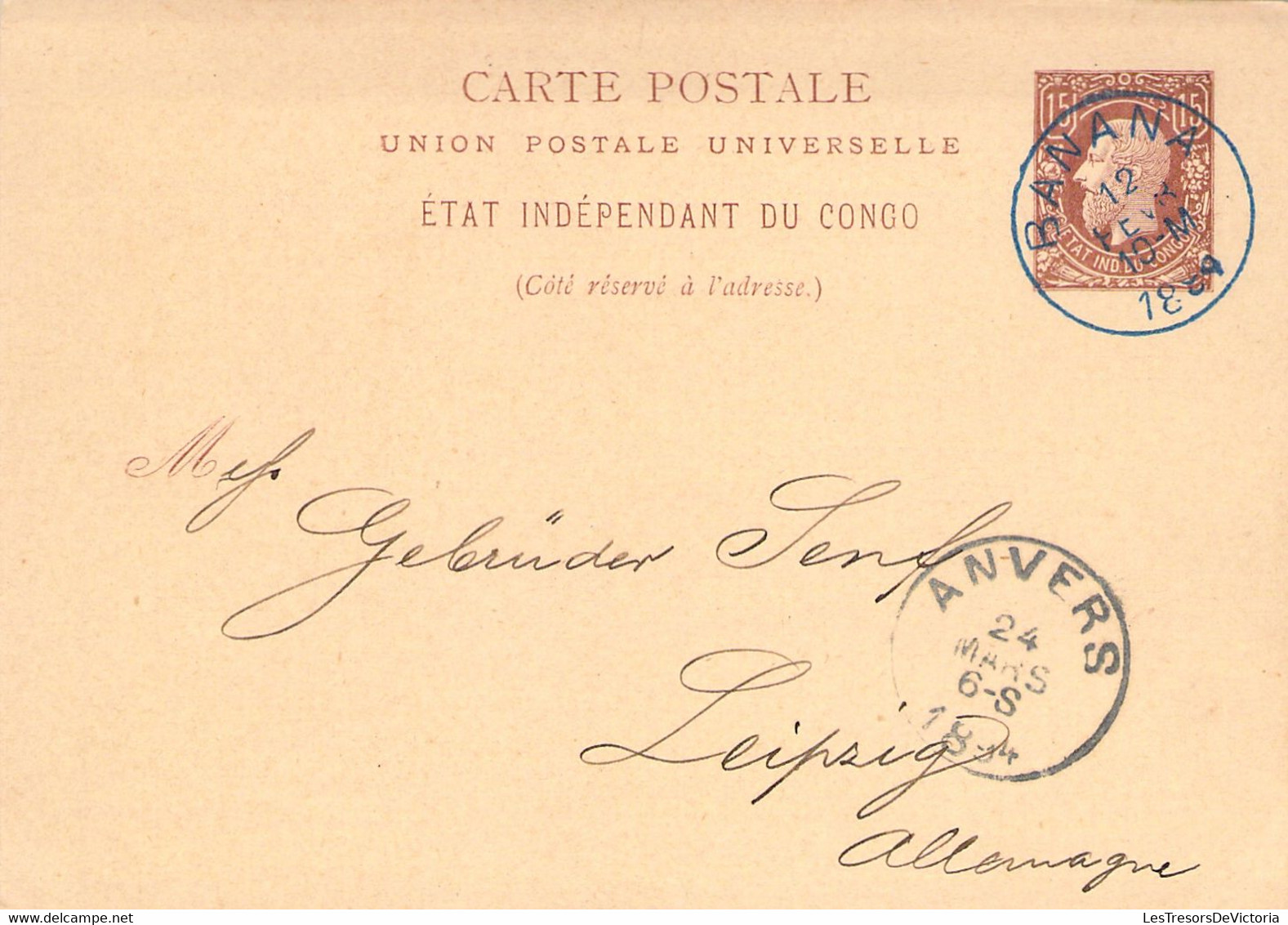 Entier Postal Stibbe N°1 - Etat Indépendant Du Congo - De Banana 12 Fev 1894 à Leipzig Transit Par Anvers - Stamped Stationery
