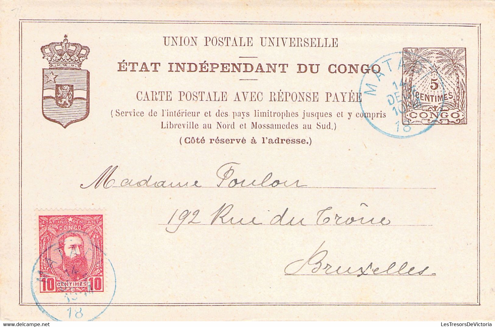 Entier Postal Third Issue Of 1889 Avec Réponse Payée (still Attached ) - Etat Indépendant Du Congo - Matadi à Bruxelles - Enteros Postales