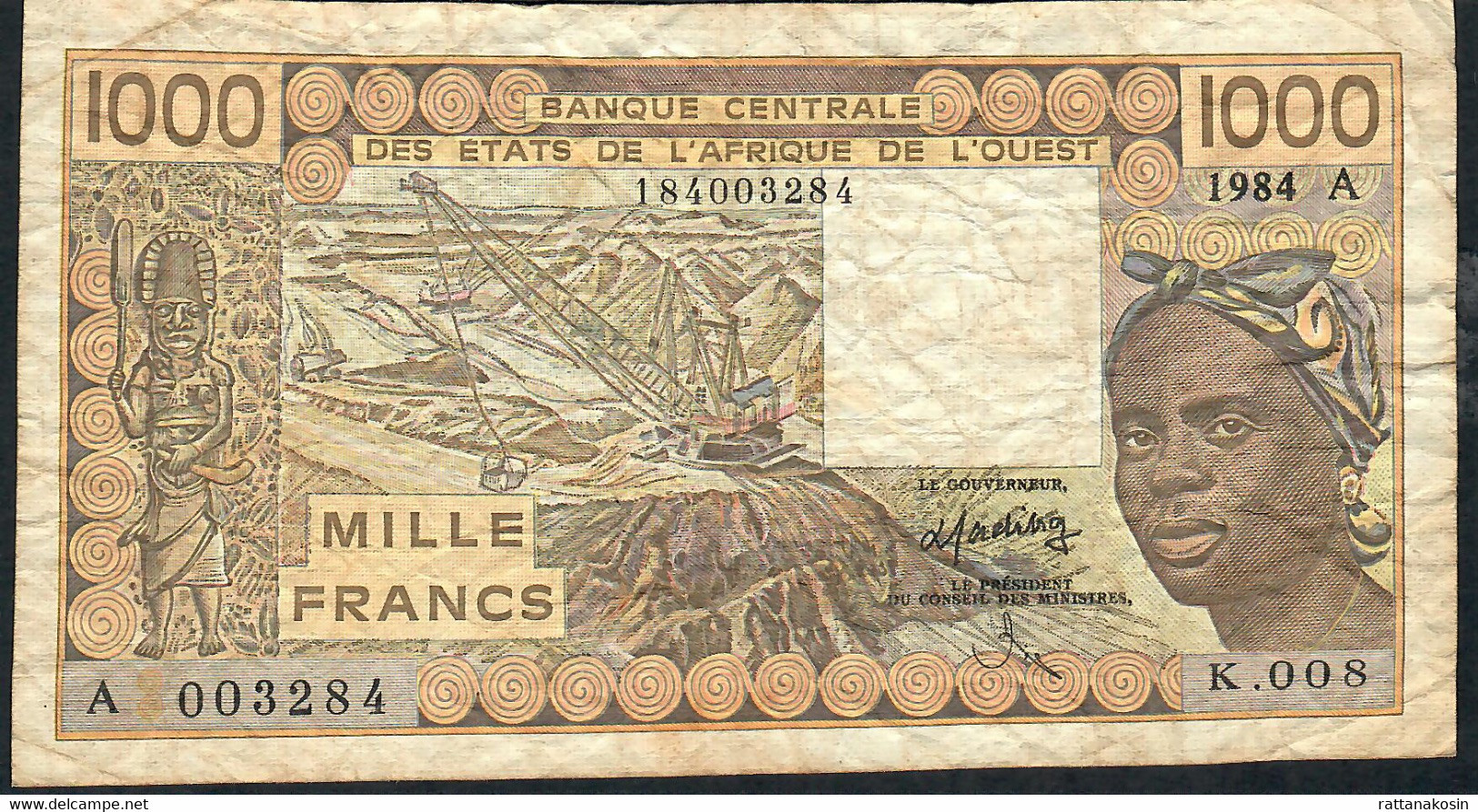 W.A.S. LETTER A Ivory Coast  P107Ac  1000 FRANCS 1984 Signature 18 FINE   2 P.h. - Elfenbeinküste (Côte D'Ivoire)