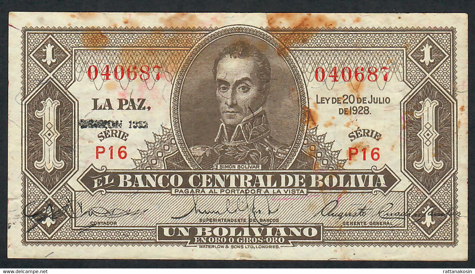 BOLIVIA P128 1 BOLIVIANO 20.7.1928 EMISION 1952  #P16 Signature 26    VF - Bolivië