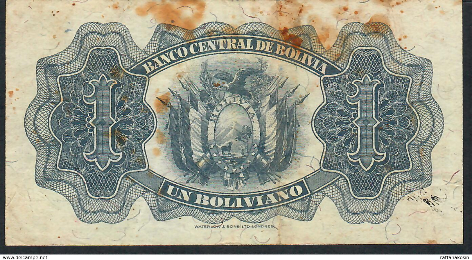 BOLIVIA P128 1 BOLIVIANO 20.7.1928 EMISION 1952  #P16 Signature 26    VF - Bolivie