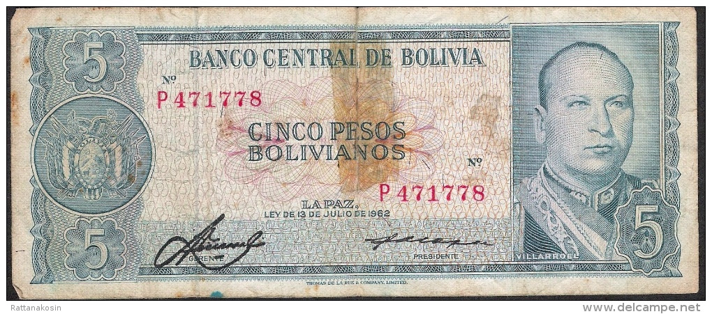 BOLIVIA   P153    5   PESOS BOLIVIANOS  1962   VG Tear - Bolivien