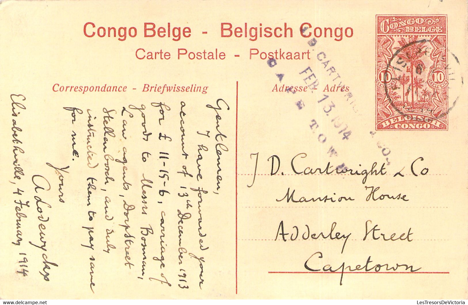 Entier Postal  - Congo Belge - Carte Postale De Kisantu Récolte Du Riz - De Elisabeth à Cape Town En 1914 - Ganzsachen