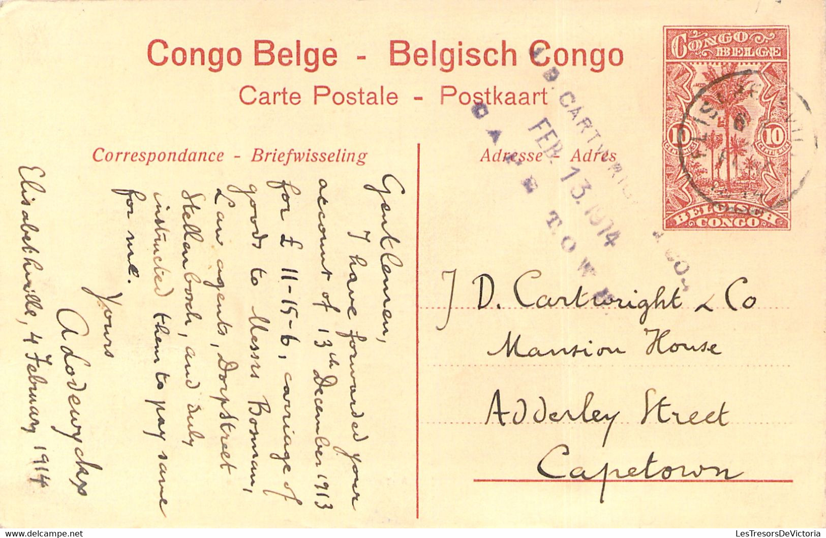 Entier Postal  - Congo Belge - Carte Postale De Kisantu Récolte Du Riz - De Elisabeth à Cape Town En 1914 - Enteros Postales