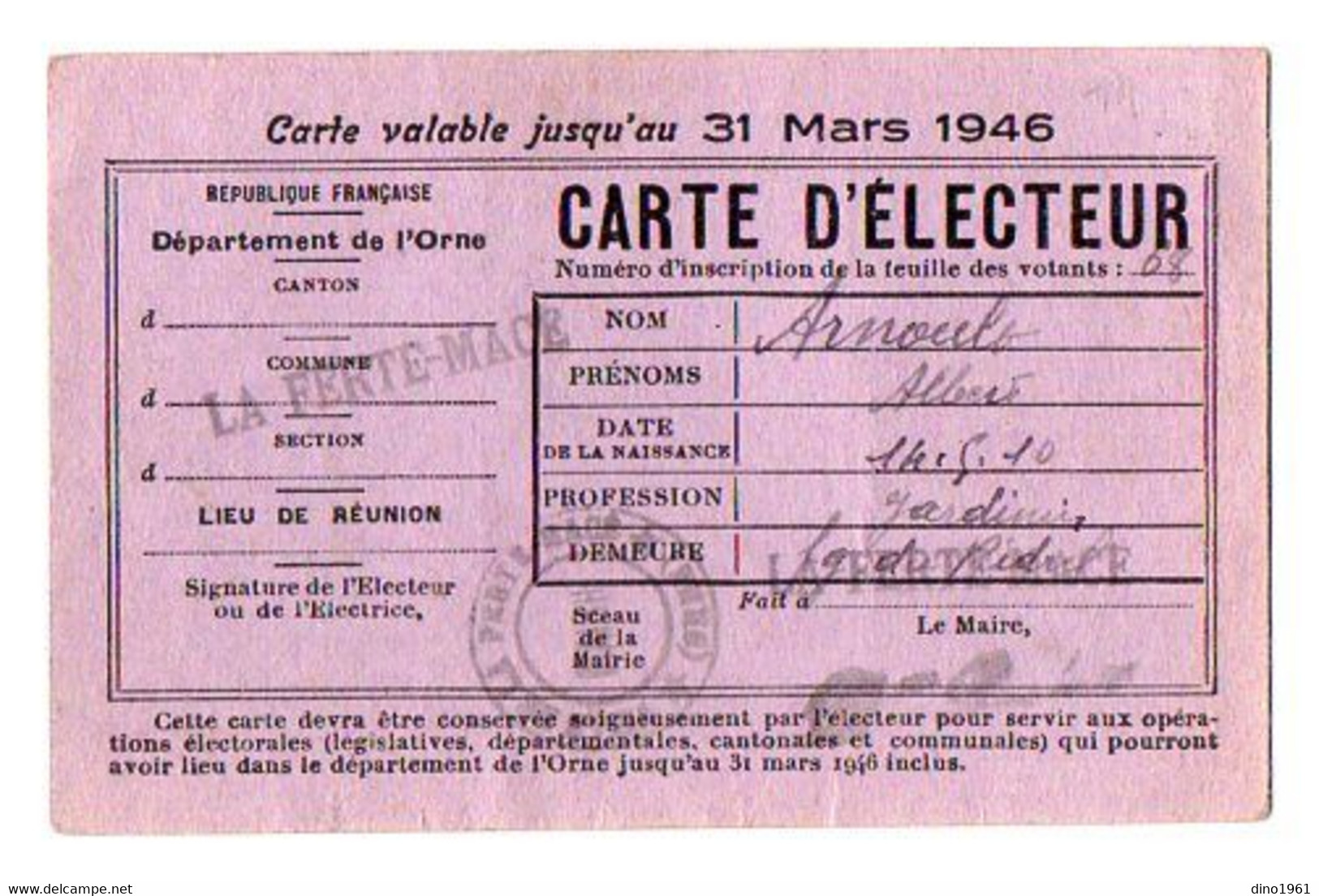 VP19.498 - LA FERTE - MACE 1946 - Carte D'Electeur - Mr Albert ARNOULT Jardinier - Autres & Non Classés