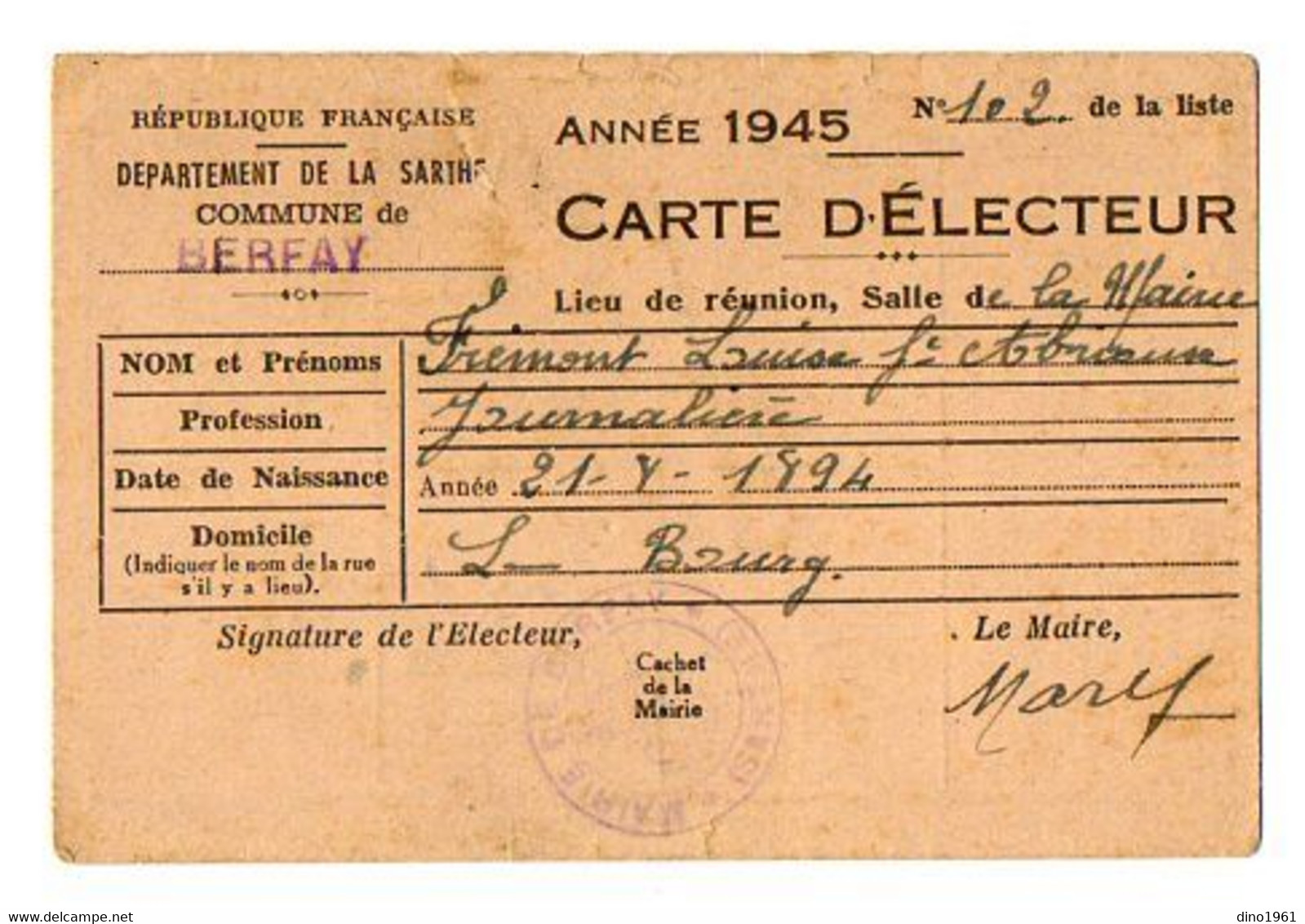 VP19.499 - BERFAY 1945 - Carte D'Electeur - Mme Louise FREMONT Journalière - Andere & Zonder Classificatie