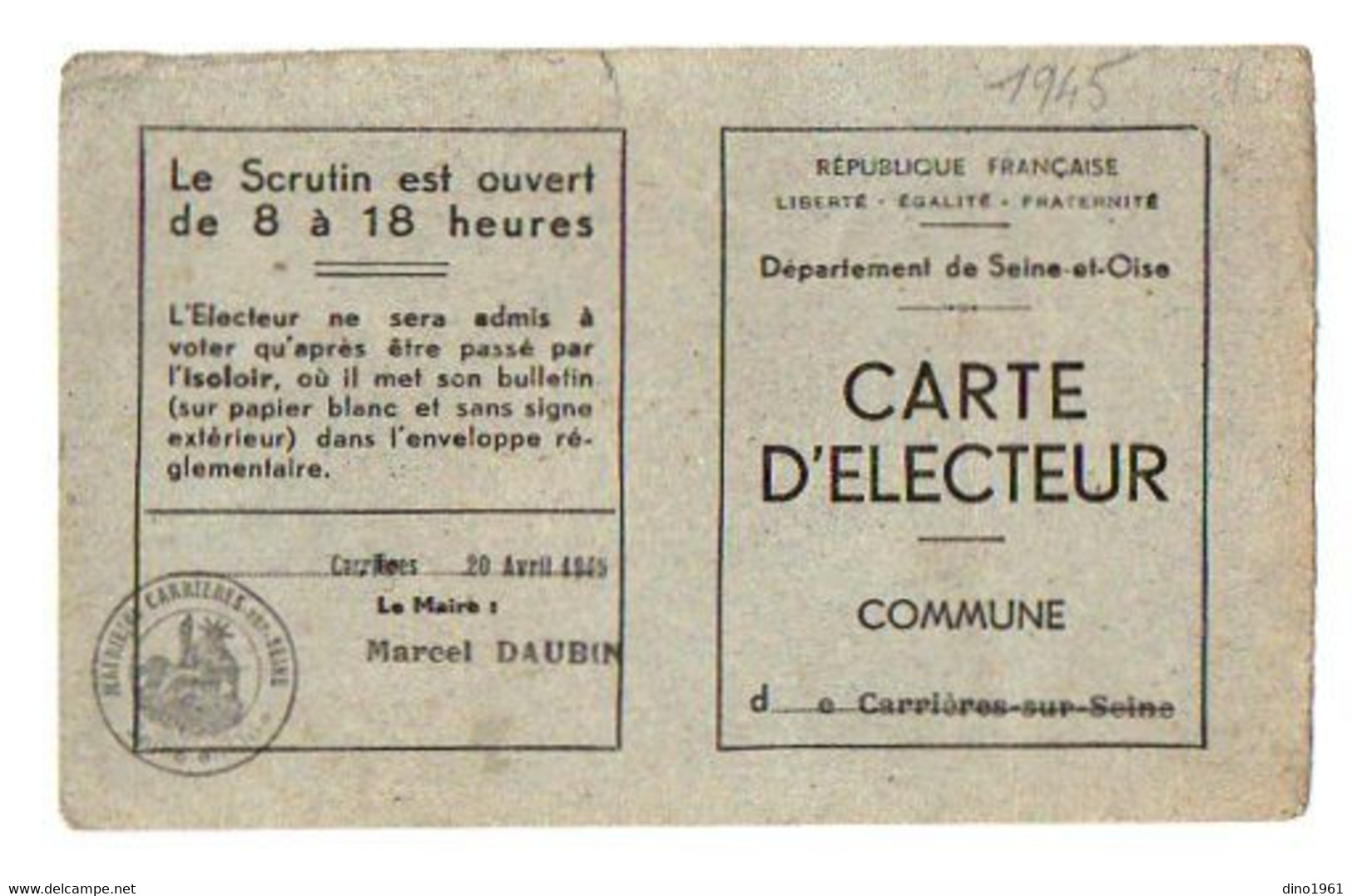 VP19.500 - CARRIERES - SUR - SEINE 1945 - Carte D'Electeur - Mr Jacques CHABIN Employé De Commerce - Otros & Sin Clasificación