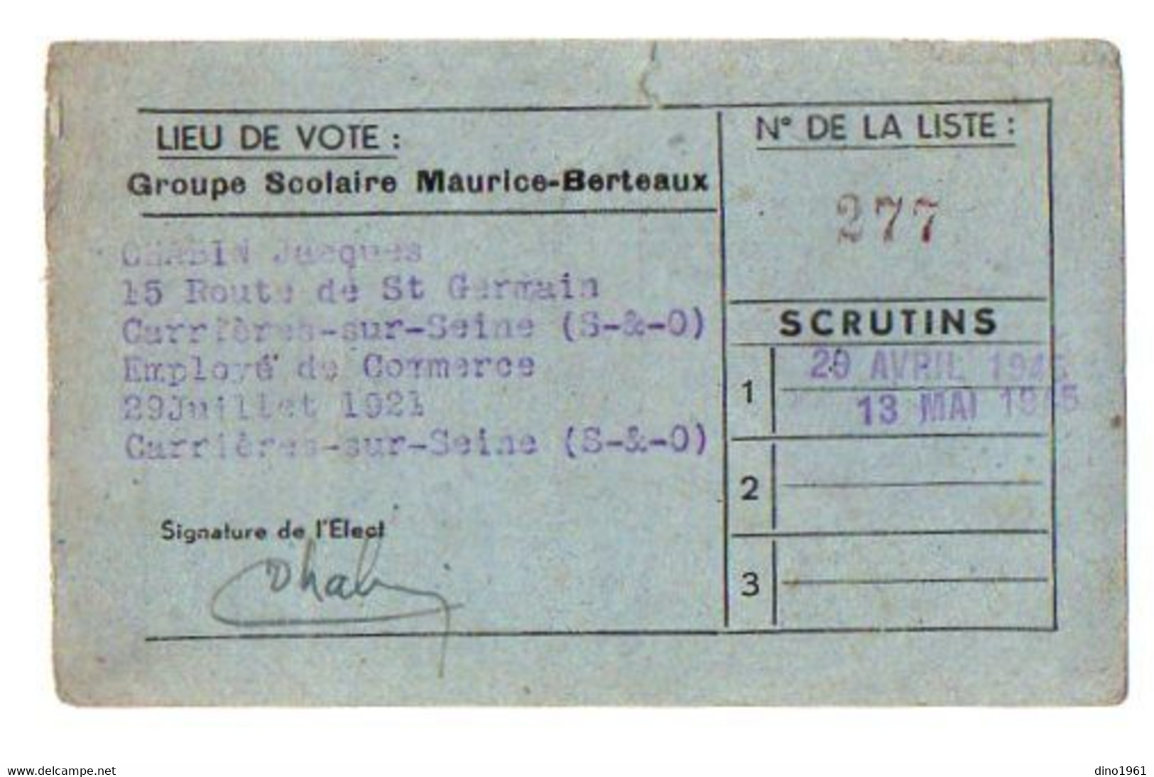 VP19.500 - CARRIERES - SUR - SEINE 1945 - Carte D'Electeur - Mr Jacques CHABIN Employé De Commerce - Autres & Non Classés