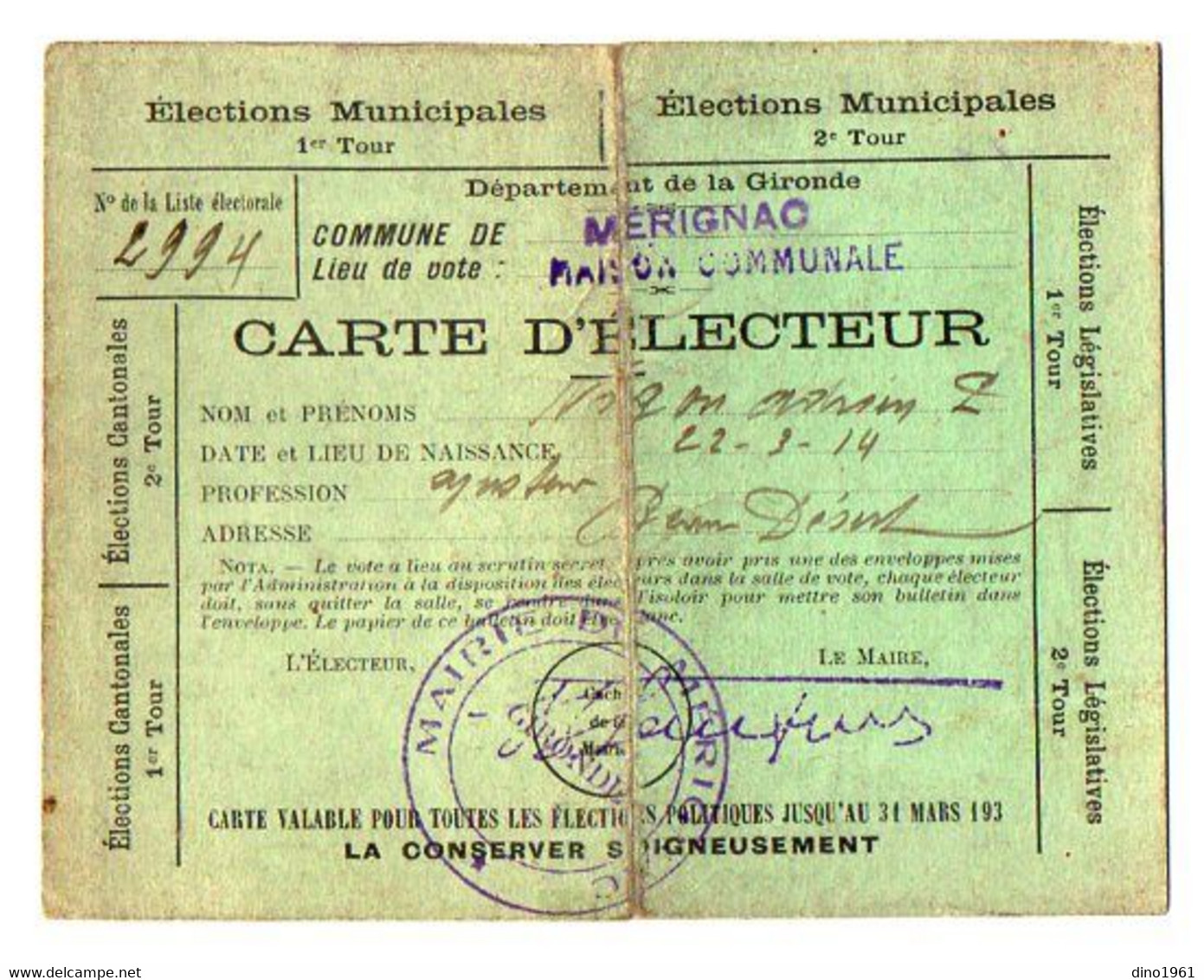 VP19.502 - MERIGNAC 193?  - Carte D'Electeur - Mr Adrien ? Ajusteur - Sonstige & Ohne Zuordnung