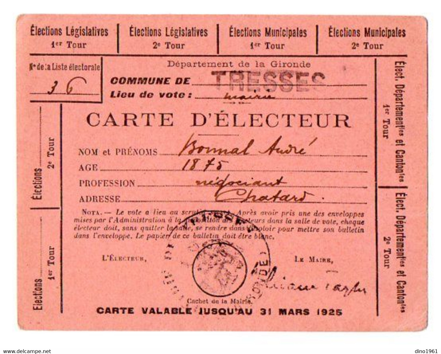 VP19.503 - TRESSES 1925  - Carte D'Electeur - Mr André BONNAL Négociant - Other & Unclassified