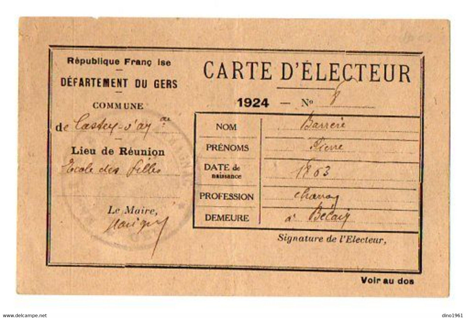 VP19.504 -  CASTEX - D' ARMAGNAC 1924  - Carte D'Electeur - Mr Pierre BARRERE Charron - Andere & Zonder Classificatie