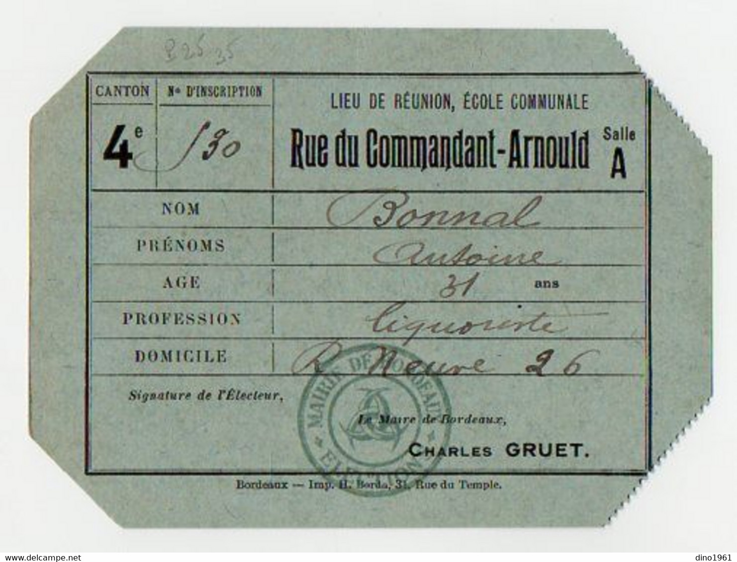 VP19.506 - BORDEAUX 1914 - Carte D'Electeur - Mr Antoine BONNAL Liquoriste - Otros & Sin Clasificación