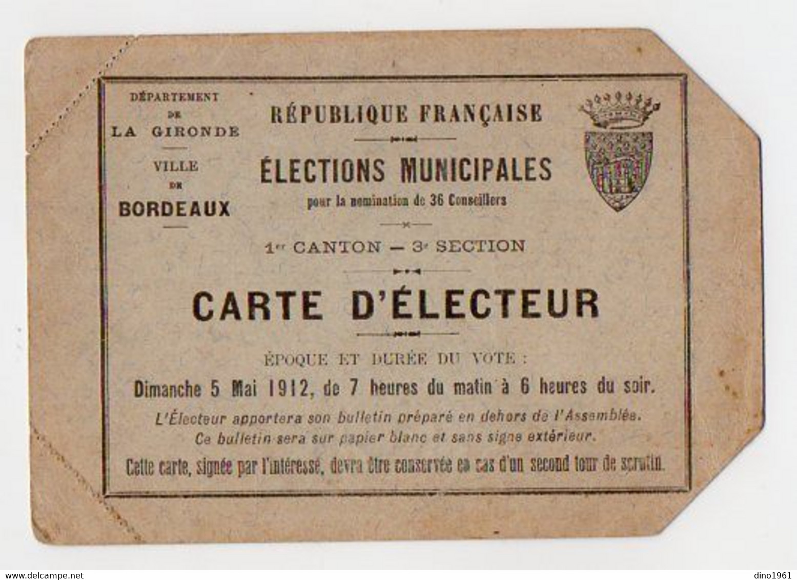 VP19.507 - BORDEAUX 1912 - Carte D'Electeur - Mr Jean - Baptiste DUMONT Dessinateur - Other & Unclassified
