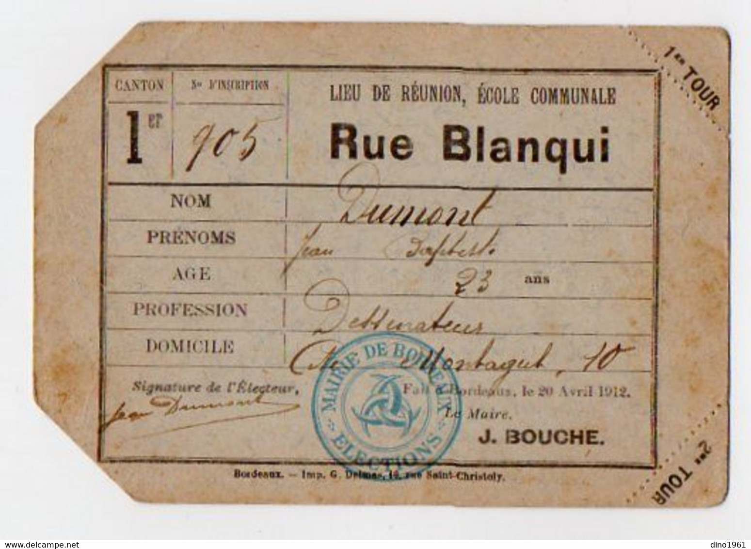 VP19.507 - BORDEAUX 1912 - Carte D'Electeur - Mr Jean - Baptiste DUMONT Dessinateur - Altri & Non Classificati