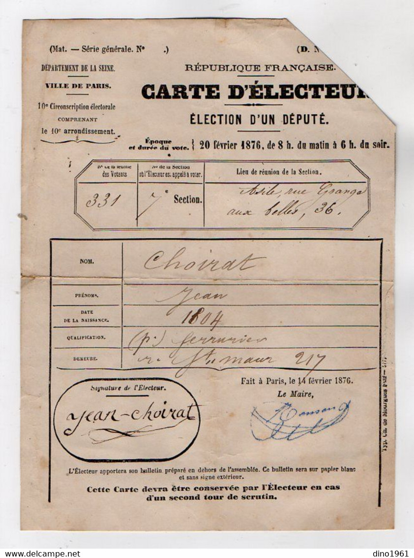 VP19.508 - PARIS 1876 - Carte D'Electeur - Mr Jean CHOIRAT Serrurier - Autres & Non Classés