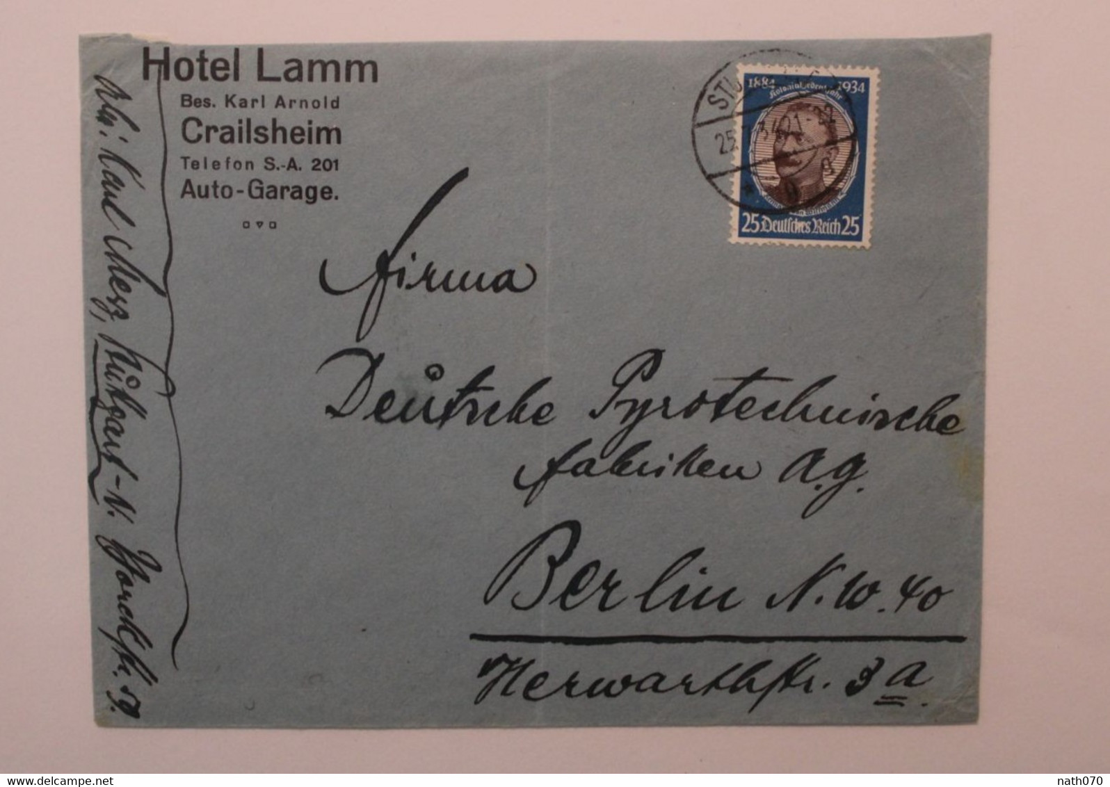 1934 Hôtel Lamm Crailsheim Deutsches Dt Reich Cover Mi 543 - Lettres & Documents