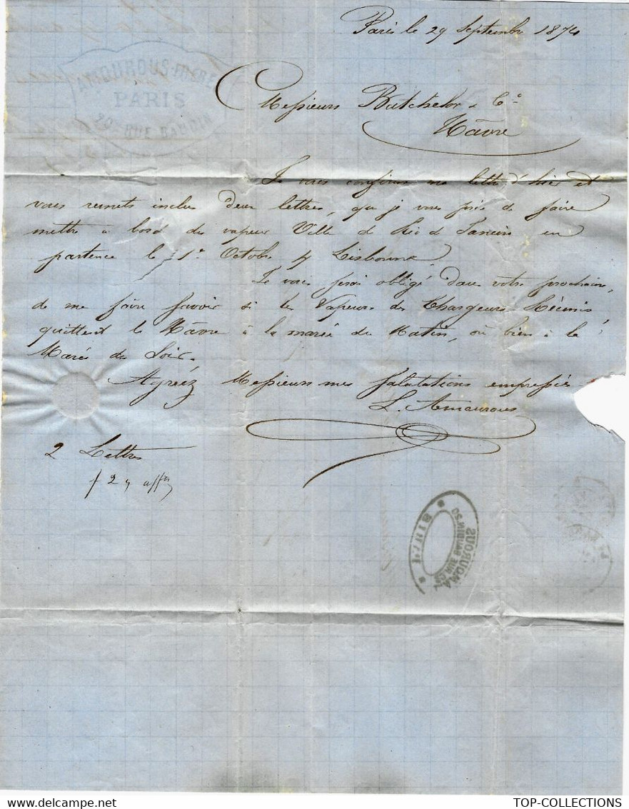 1874 LETTRE COMMERCIALE Par LAMOUROUS PARIS Pour BATCHELON LE HAVRE VAPEUR VILLE DE RIO DE JANEIRO CHARGEURS REUNIS - 1849-1876: Klassik