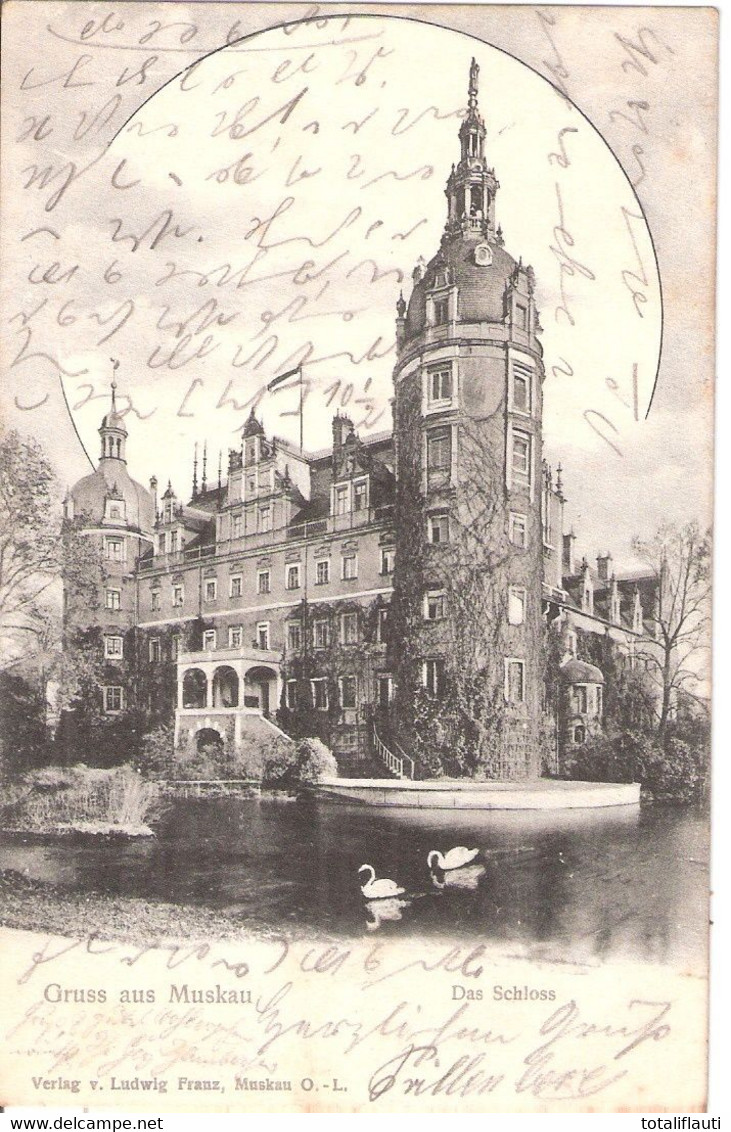 Gruss Aus Bad Muskau Das Schloss Schwäne Auf Dem Gewässer Davor 1904 TOP-Erhaltung Gelaufen Als Soldatenkarte 20.6.1904 - Bad Muskau