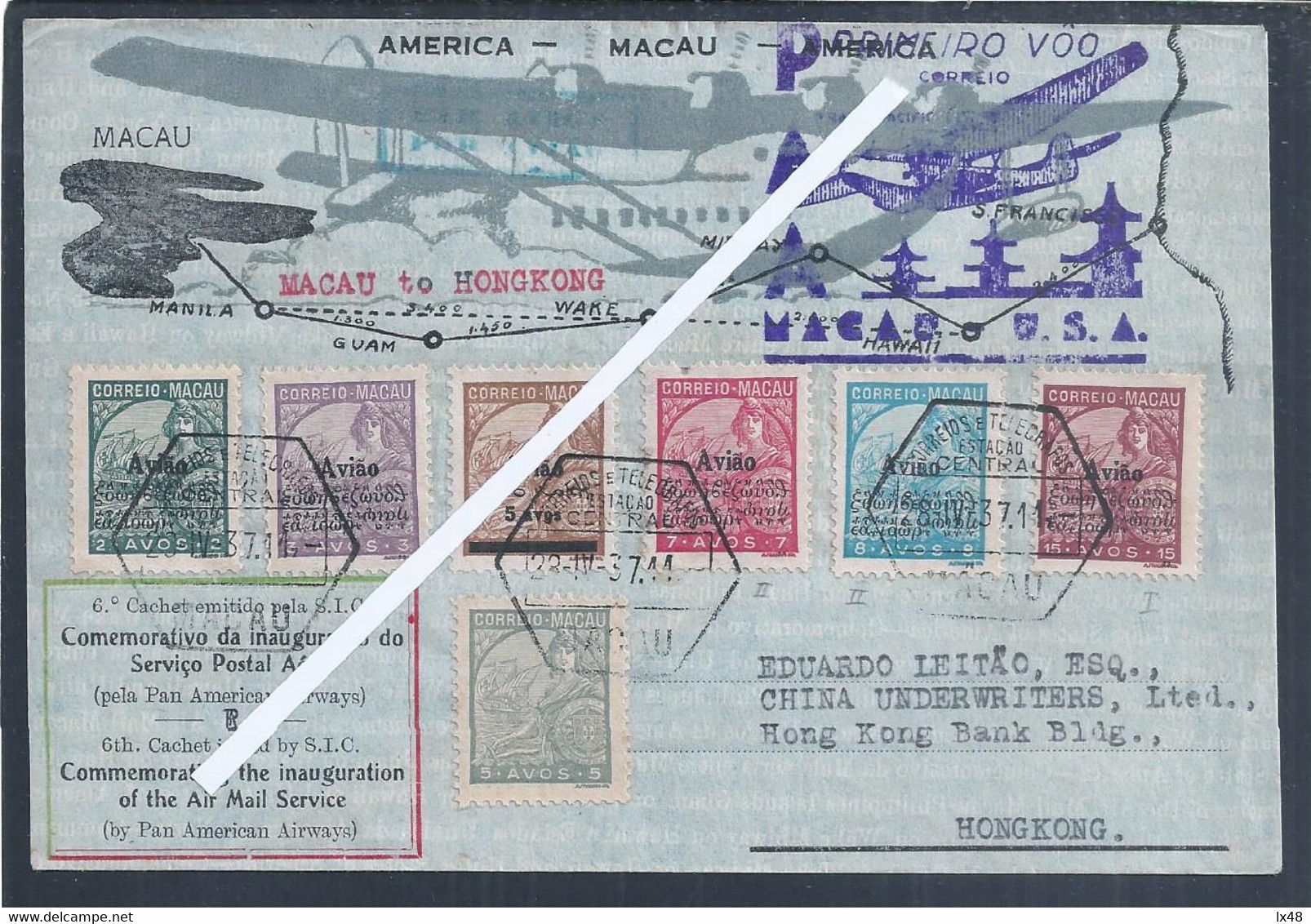 First Flight Macau. U.S.A.1937. Inuguration Air Postal Service.Macau / Hongkong. Erster Flug Macau. USA,1937. Rare. - Briefe U. Dokumente