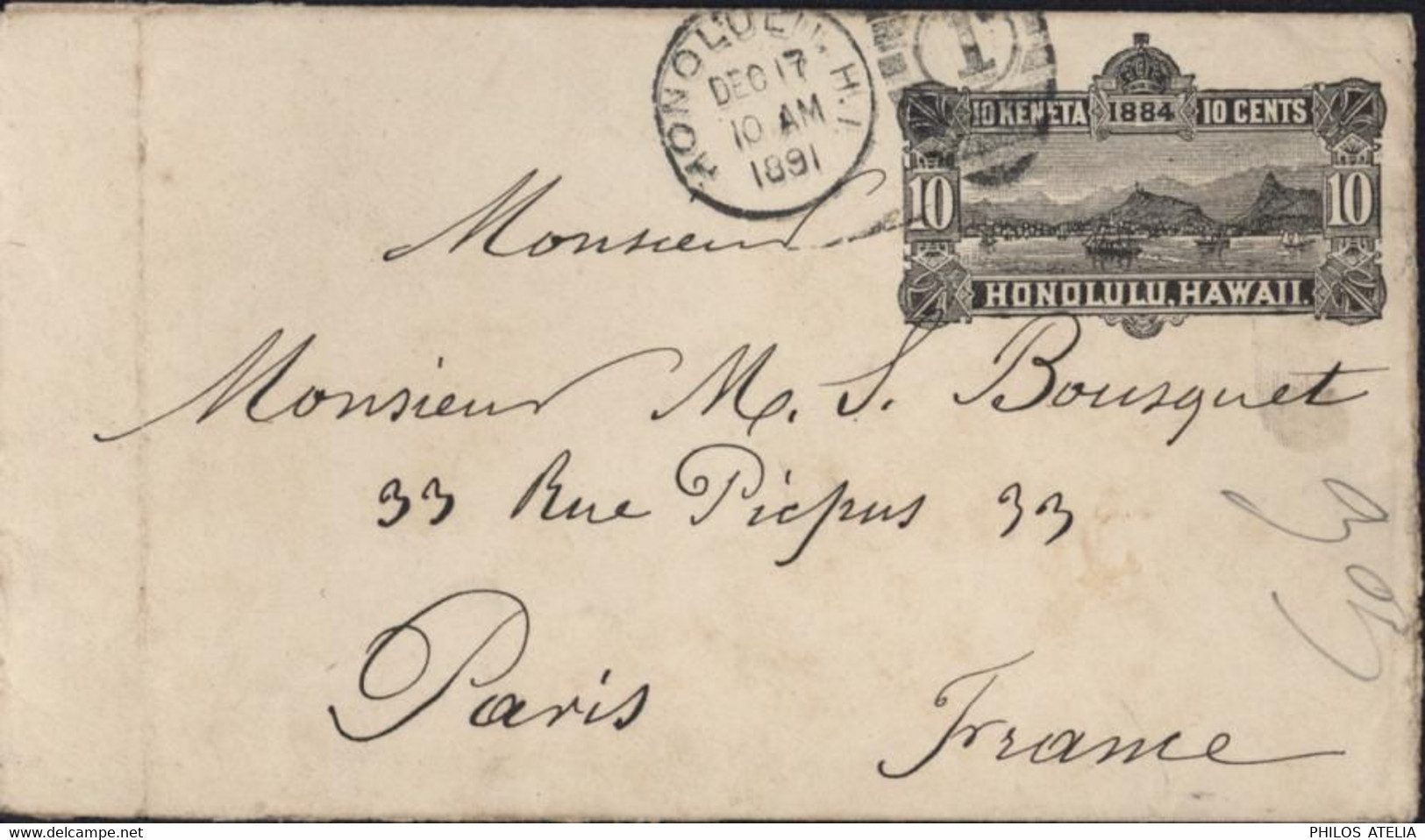 Enveloppe Entier Postal 10 Keneta 1884 10 Cents Noir Baie Honolulu Hawaï Killer 1 Honolulu H.I DEC 17 1891 Pour France - Hawai