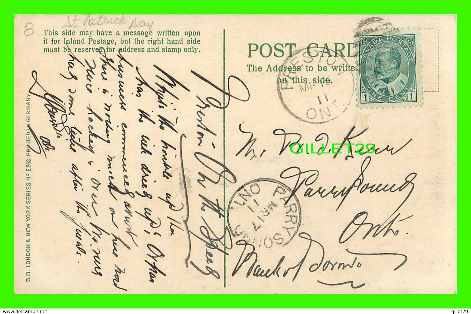 SAINT PATRICK - THE TOP O'THE  MORNIN - TRAVEL IN 1911 -  B.B. LONDON & NEW YORK SERIES No E263 - - Saint-Patrick's Day