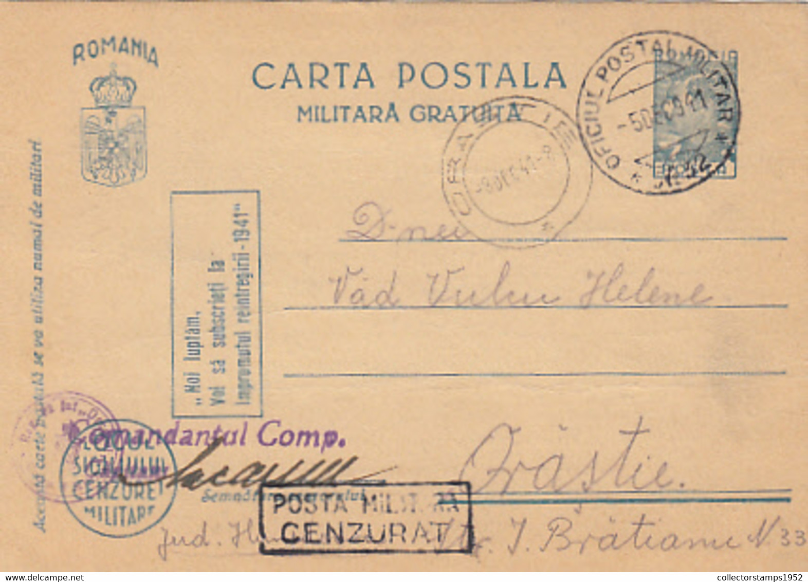 W2499- WW2 CORRESPONDENCE, MILITARY CENSORED, KING MICHAEL FREE MILITARY POSTCARD STATIONERY, 1941, ROMANIA - 2. Weltkrieg (Briefe)