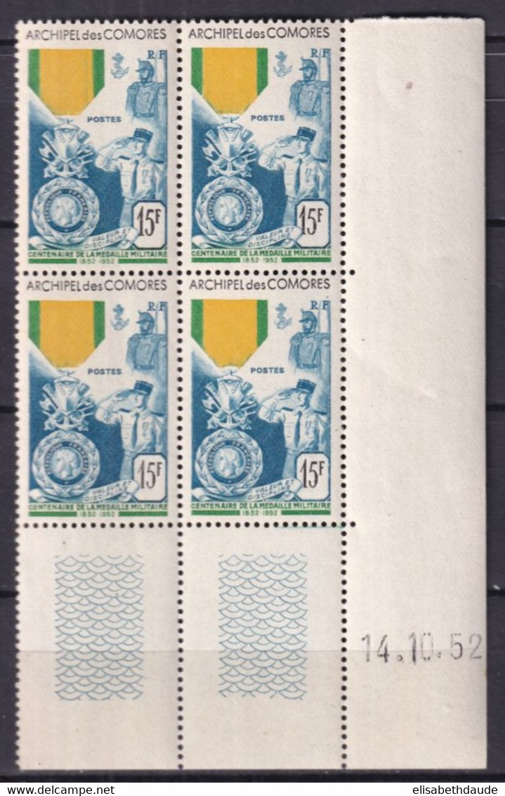 COMORES - 1952 - BLOC De 4 COIN DATE ! YVERT N°12 ** MNH - MEDAILLE MILITAIRE - COTE = 264 ++EUR - - Unused Stamps
